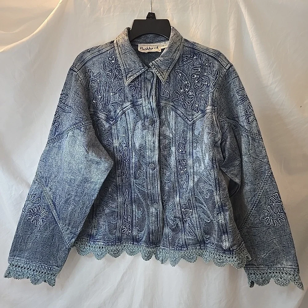 Vintage Flashback Jacket Metallic Blue Floral Detail Lace Embroidered Sequins XL